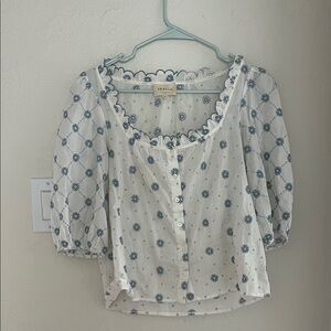 Sezane White Blouse with Blue Floral Eyelet